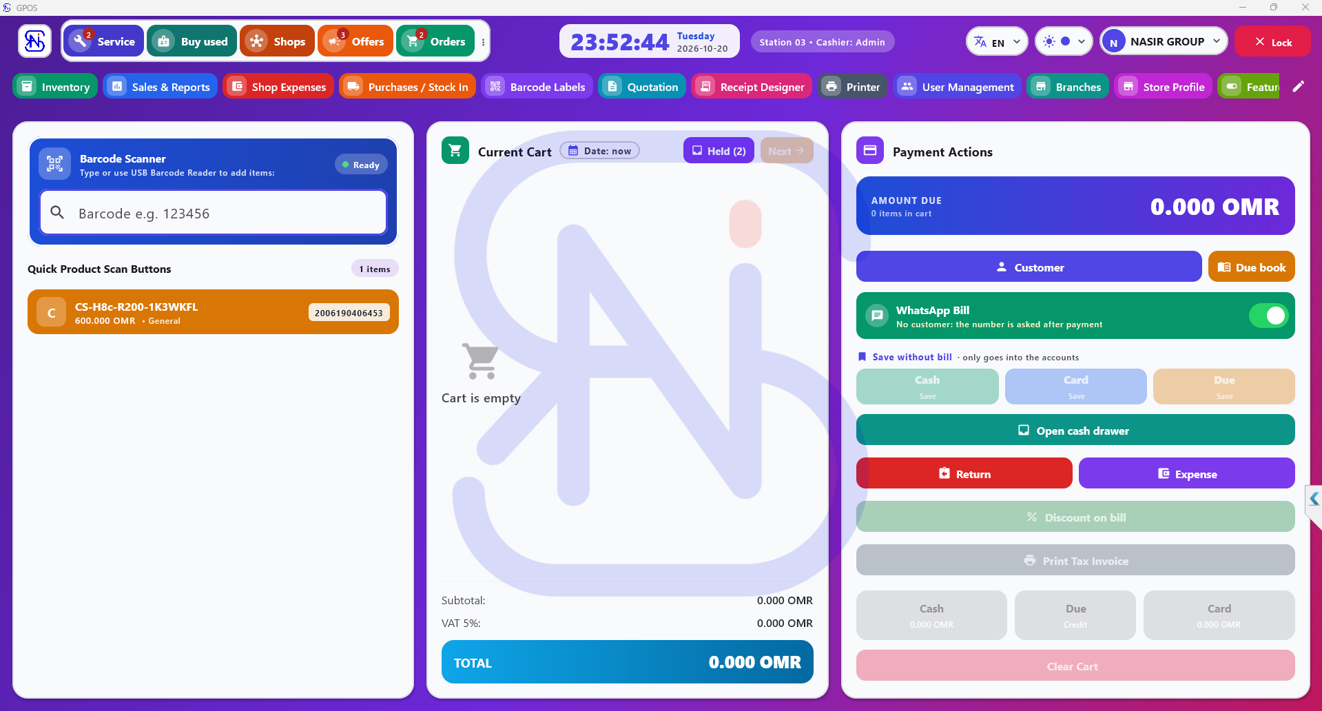 Billing screen: scan, tap or search products — cash, card or due in one key